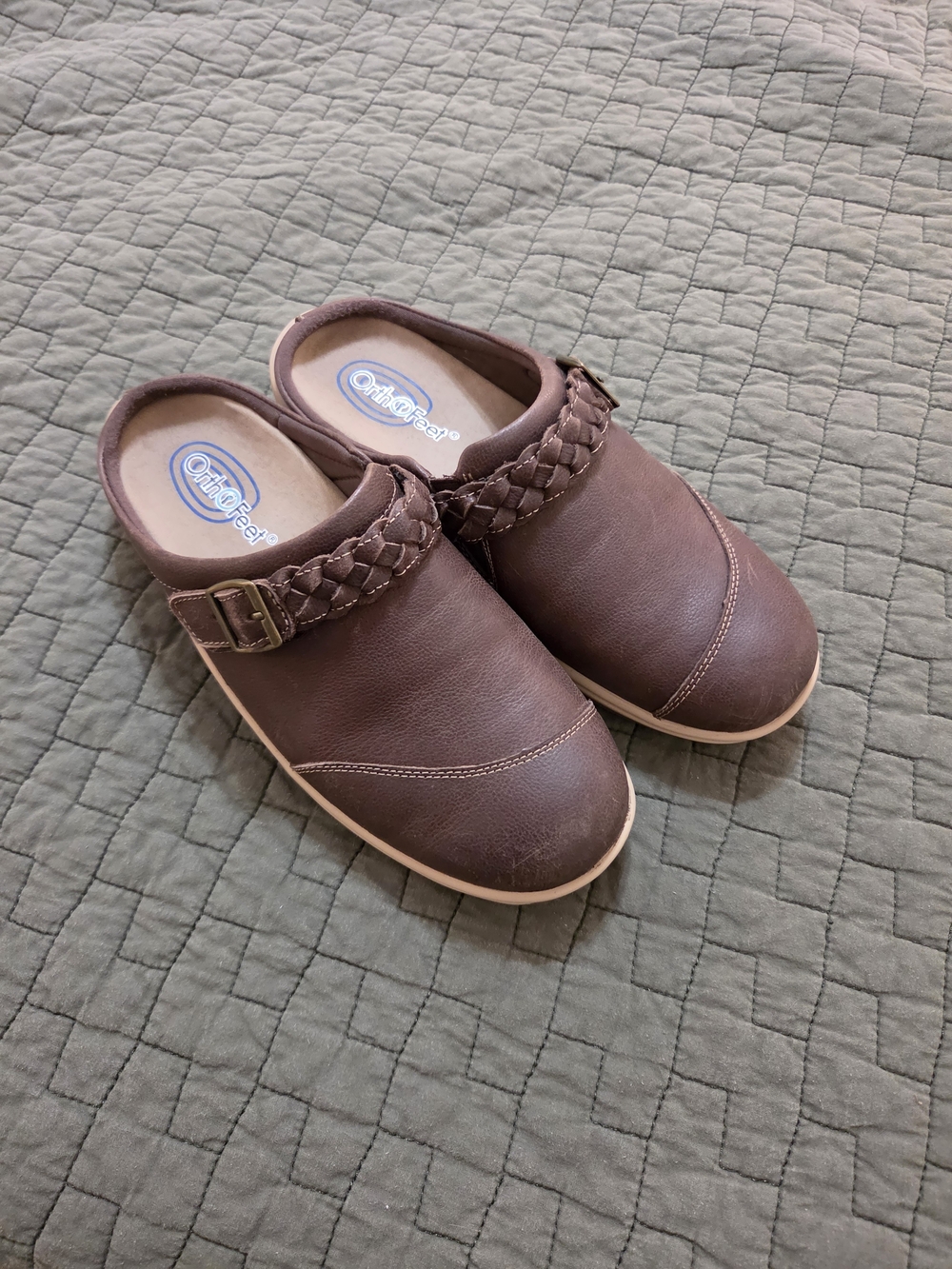 ORTHOFEET Women's Brown Braided Strap Clog Mules